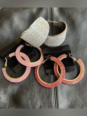 Glamorous 2” Large Concave Hoop Earrings Red Pink & Silver Rhinestone - Set of 3